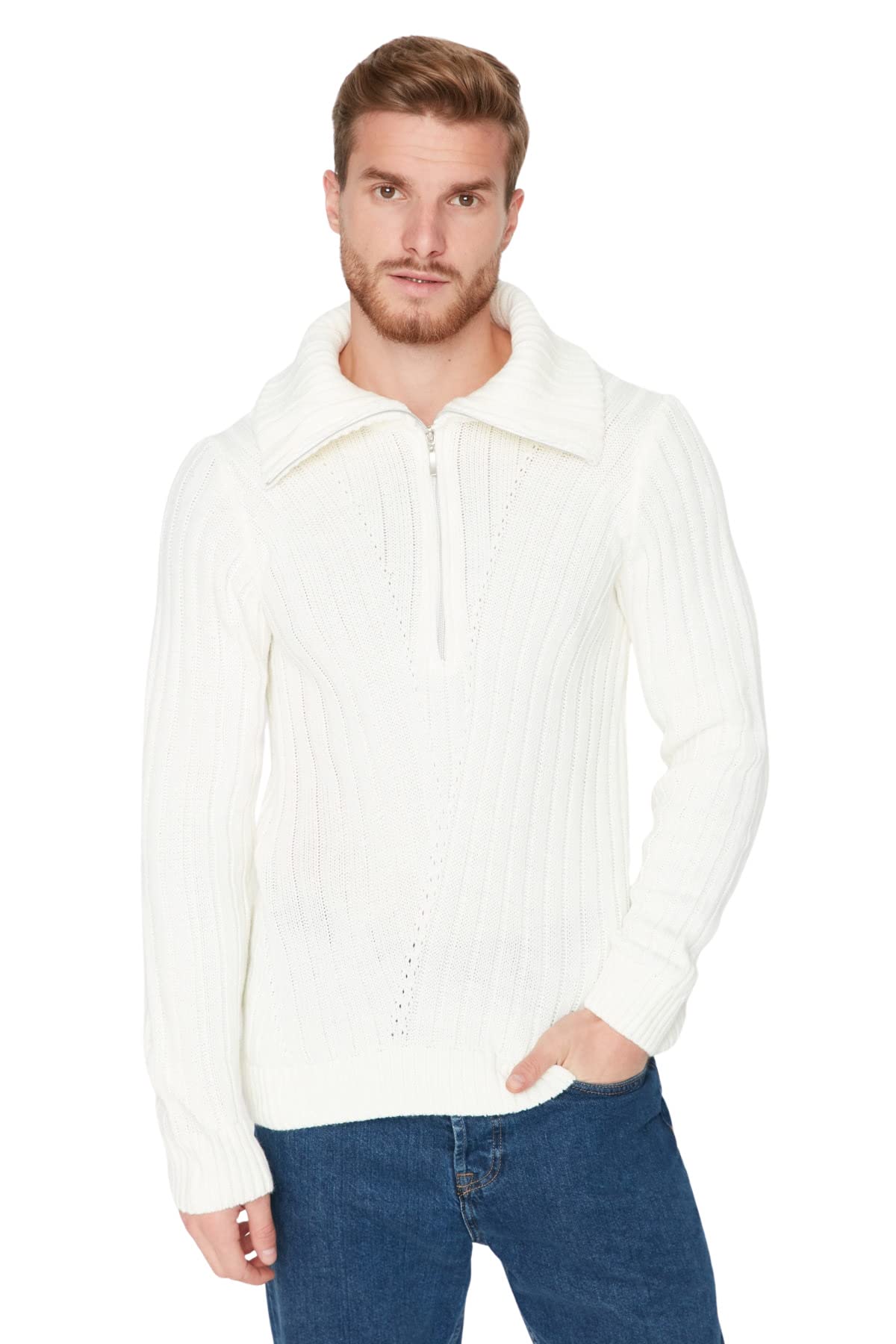 Trendyol Man Regular Basic High Neck Knitwear Sweater Ecru