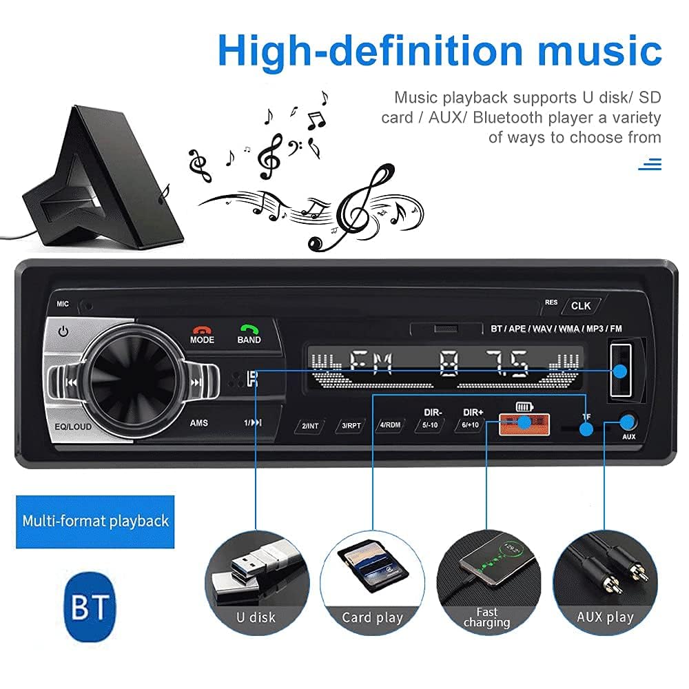 NHOPEEW Bluetooth-Stereo-Autoradio mit doppeltem USB-Anschluss, FM, TF, EQ, AUX-Eingang, 1-DIN-Autoradio, MP3-Player mit Bluetooth-Freisprecheinrichtung und 7-farbigen Lichtern