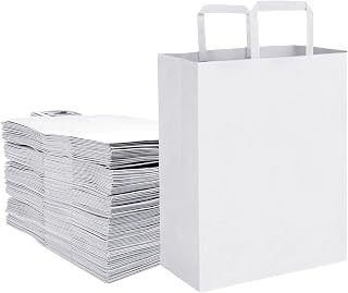 Aakriti Kraft Paper Gift Bags with Flat Handles - White 25 Pack, Extra Large (16" x 12" x 5") for Shopping, Home, Office, ... Price In India