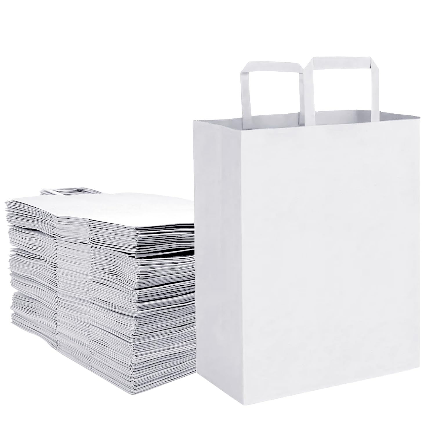 Aakriti Kraft Paper Gift Bags with Flat Handles - White 100 Pack, Medium (10" x 8" x 5") for Shopping, Home, Office, Ret