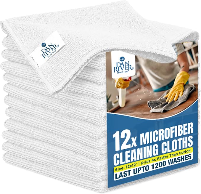 DAN RIVER 12-Pack White Microfiber Towels – Ultra Absorbent, Lint-Free &amp; Streak-Free dust Cloths for Home, Car &amp; Kitchen - Must-Have Cleaning Essentials - 12" x 12"