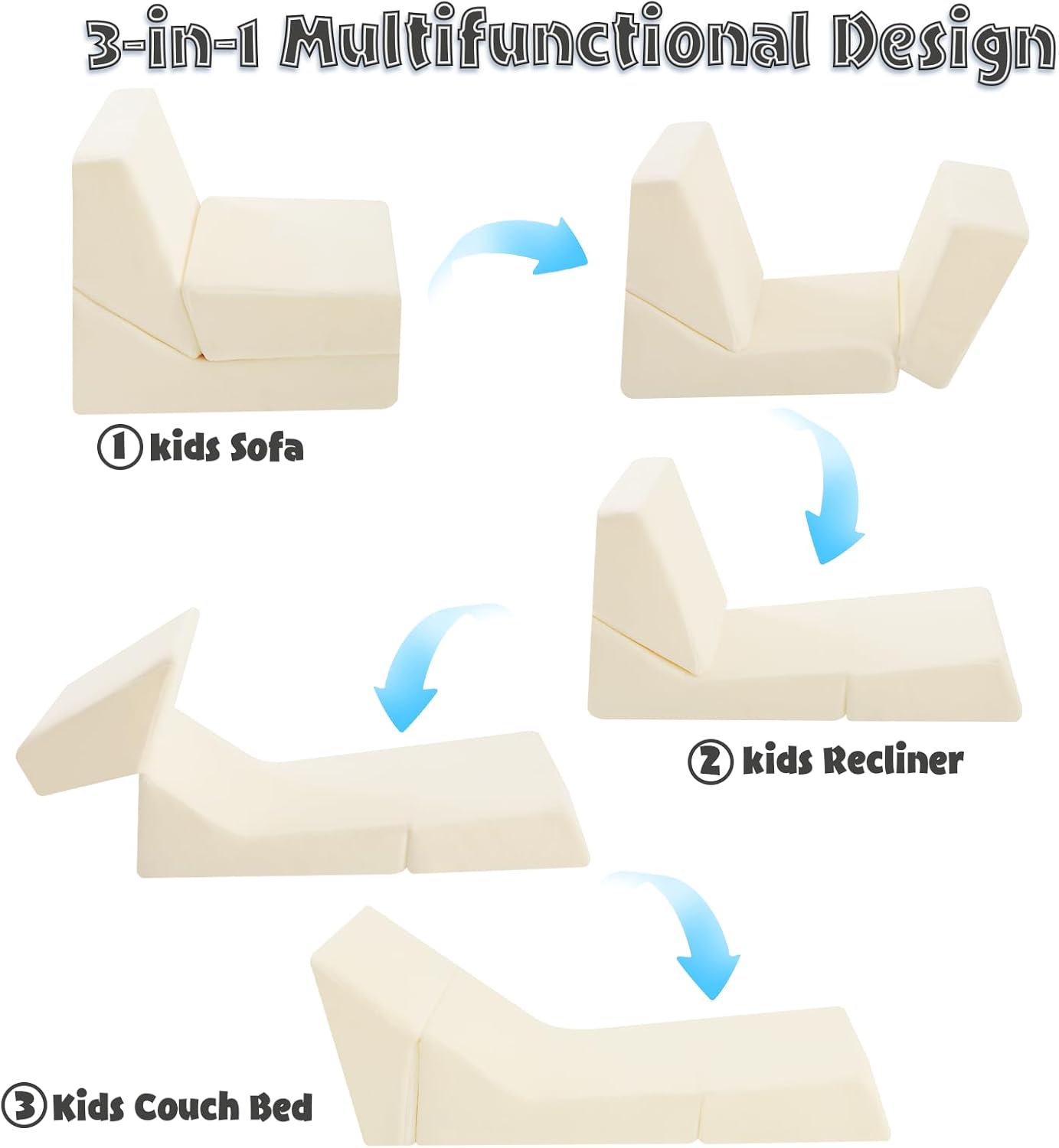 MeMoreCool Toddler Couch Fold Out Sofa Bed, Kids Lounge Chair Foldable Floor Lounger, 3-in-1 Folding Children Chair Bed, Pull Out Recliner for Toddlers 1-3, Beige