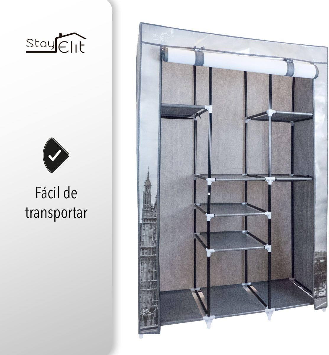 The fabric wardrobe with its cover partially open, highlighting its lightweight and portable design, with text indicating 'Fácil de transportar' (Easy to transport).