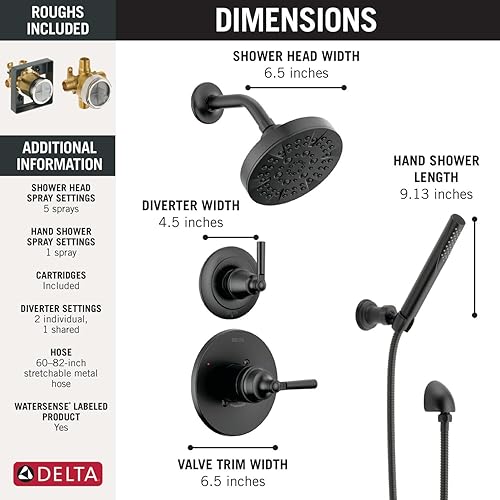 Miniatura 4 de Delta Faucet Saylor Sistema de ducha negro mate de 3 ajustes que incluye cabezal de ducha, ducha de mano, mango de ducha, desviador de ducha y kit