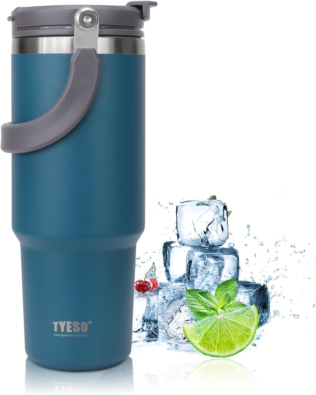 TYESO 30oz Tumbler with Handle and Straw Lid, Insulated Stainless Steel Double Walled Vacuum Water Bottle for Office, Home, Sport or Car, Travel Mug for Hot and Cold | Adventure Collection (Blue)