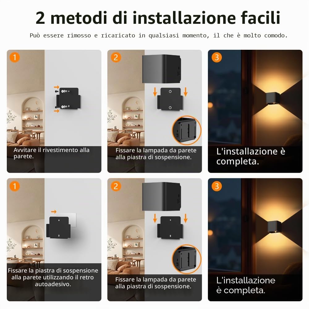 Applique da Parete con Sensore di Movimento 2 Pezzi LED Lampada da Parete Interno Bianco Caldo 2 Modalità Angolo di Luce Regolabile Ricaricabile USB-C per Balconi, Corridoi, Camere da Letto
