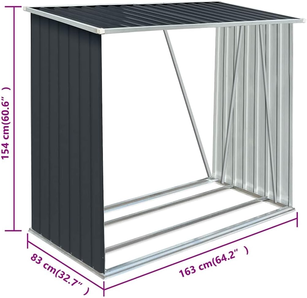 Diagram showing dimensions of the vidaXL Log Storage Shed: 163 cm (64.2 inches) length, 83 cm (32.7 inches) depth, 154 cm (60.6 inches) height