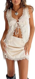 Lace Trim Two Piece Outfit for Women Sleeveless Crop Cami Top Short Mini Skirt Y2k 2 Piece Skirt Sets Beach Wear