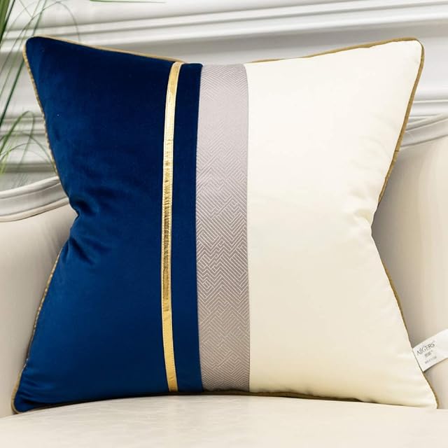 Avigers 20 x 20 Inches Navy Blue White Gold Leather Striped Patchwork Velvet Cushion Case Luxury Modern Throw Pillow Cover Decorative Pillow for Couch Living Room Bedroom Car