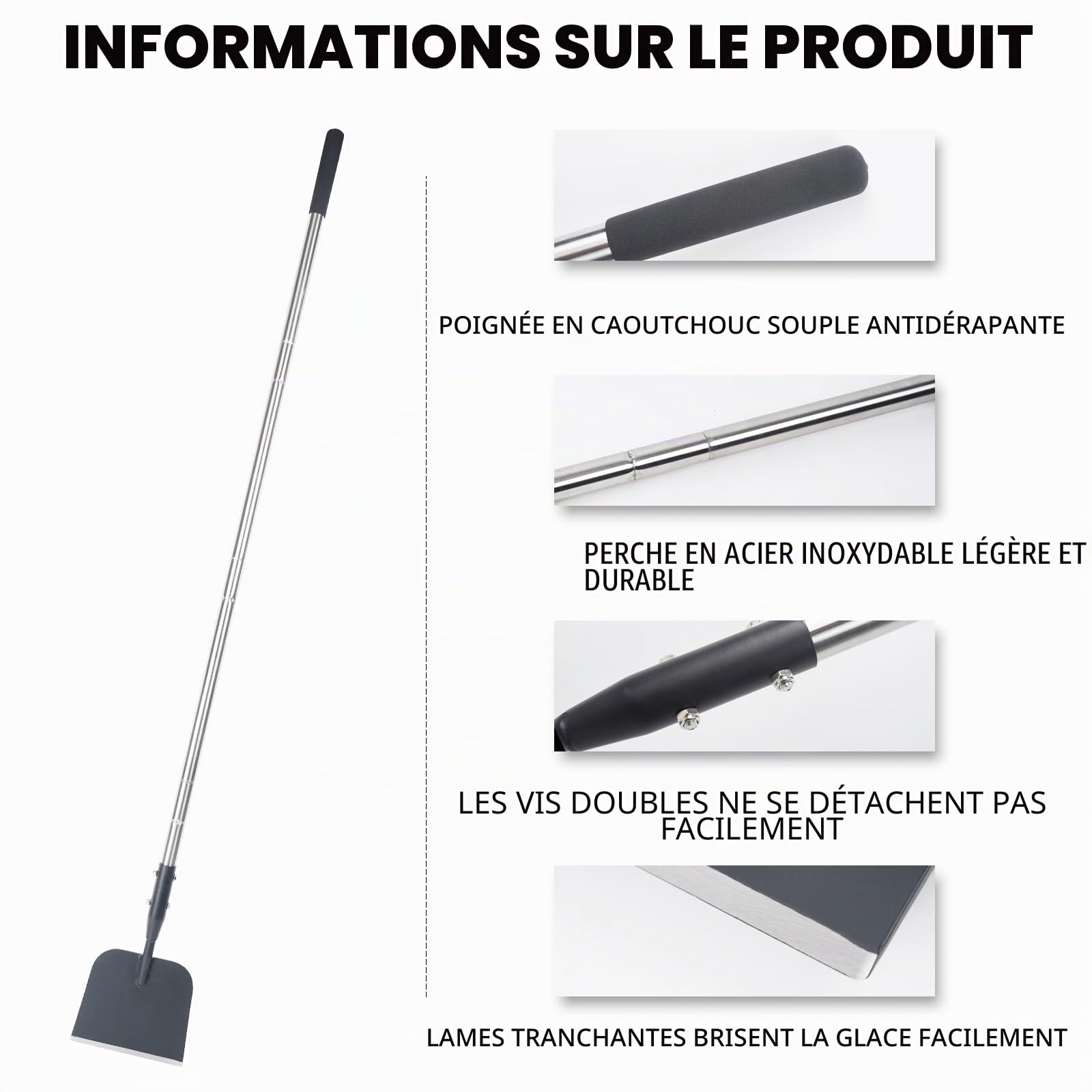 BARAYSTUS Pelle de jardin multifonction en acier au carbone, grattoir à glace avec poignée réglable pour lutter contre les mauvaises herbes, la glace dure et la neige gelée sur les trottoirs et les