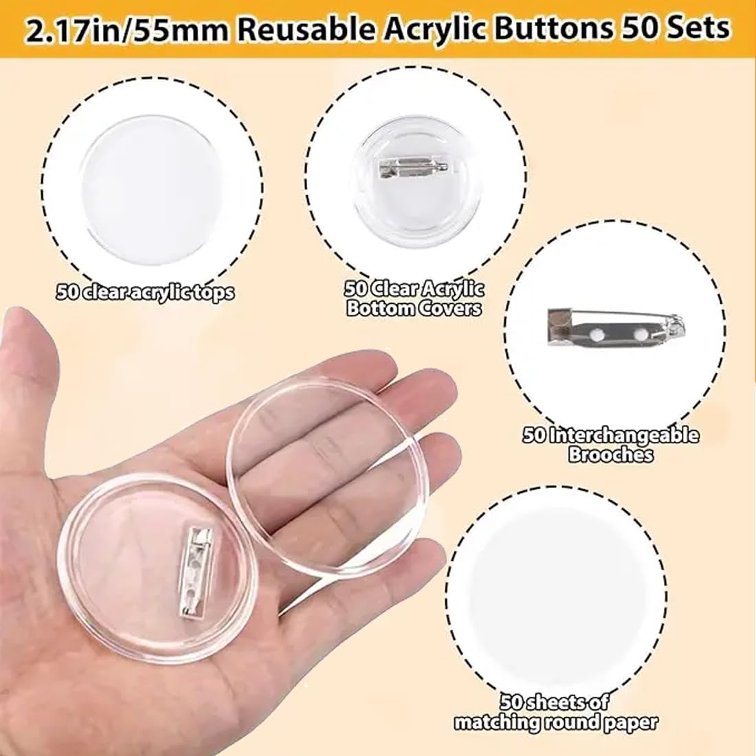 Nafafosa – Lot De 40 Badges Ronds 38mm – Acrylique Transparent – DIY Facile – Réutilisables – Pour Loisirs Créatifs