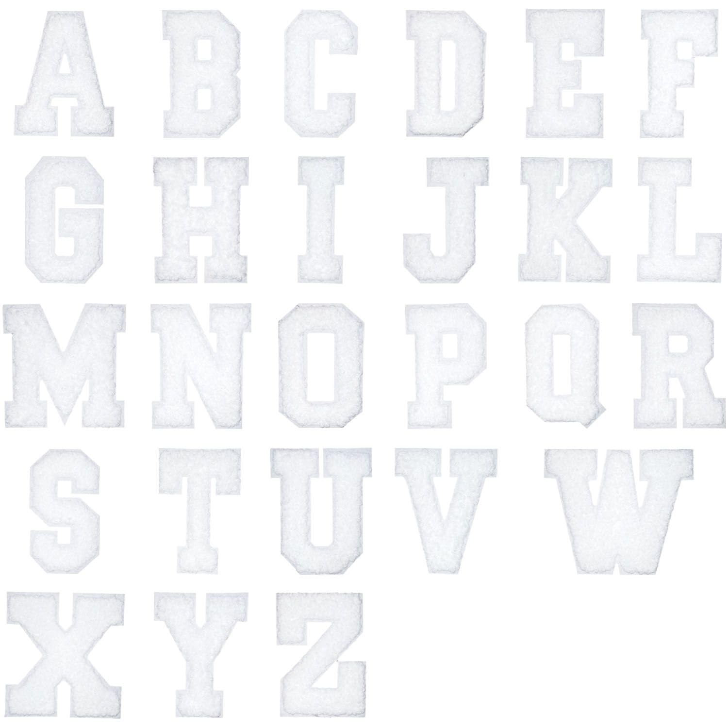Mancyz White Letter Patches, A-Z Alphabet Iron-on Chenille Varsity Set, Embroidered Polyester Appliques, 2.8 Inch Height, 26 Pieces for DIY Clothing