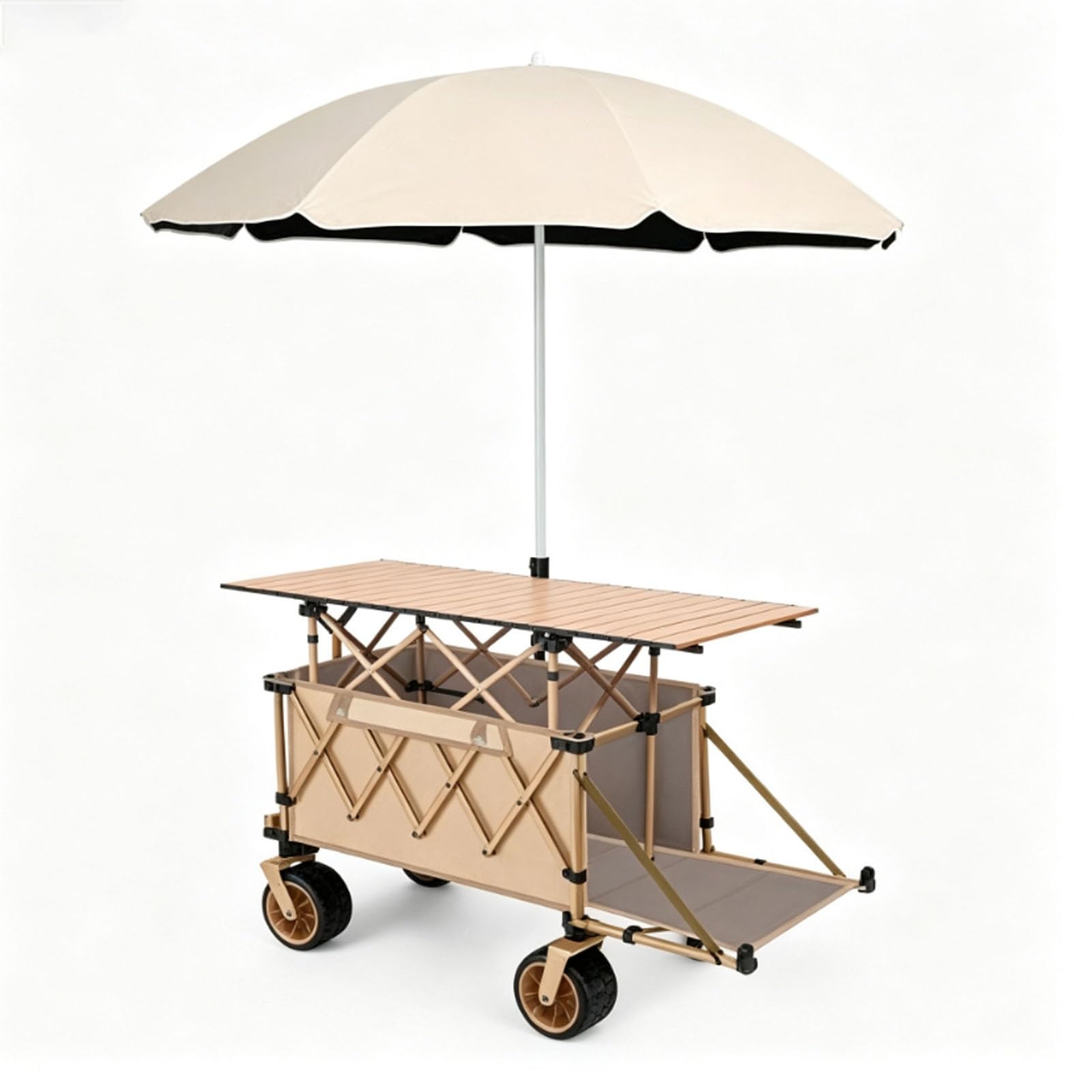 Stand for mercato agricolo con ombrellone e contenitore ad alta capacità | Carrello da campeggio portatile su ruote, ideale for picnic all'aperto, vendita di dessert e vendita di cibi pronti