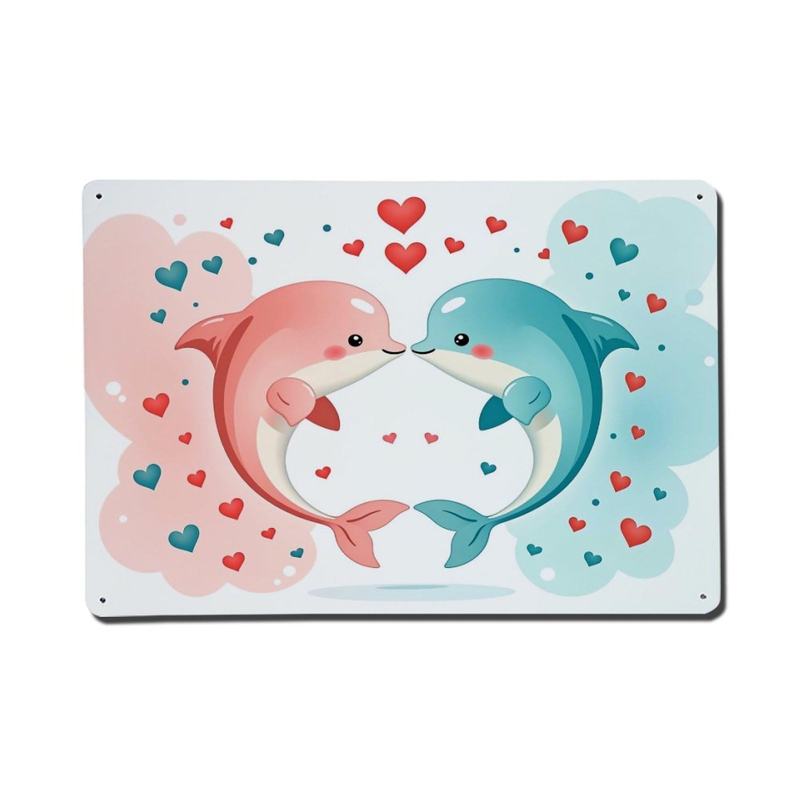 Cute Dolphins Hearts Background Pattern Metal Tin Sign Plaque