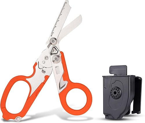 Tijeras de trauma 6 en 1, tijeras de emergencia con cortador de correa y rompedor de vidrio y funda compatible naranja