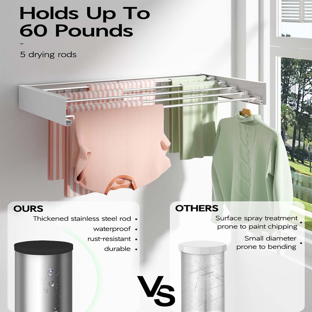 Séchoir à Linge Extensible 80 cm Peu Encombrant Pliable pour Suspendre des Vêtements, Séchoir à Linge Mural pour l'intérieur, Salle de bain, Balcon