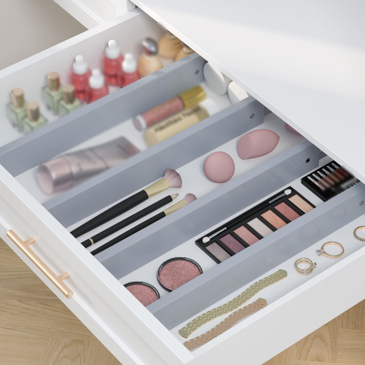 Confezione da 4 divisori regolabili in bambù per cassetti, 43-56 cm, organizer espandibile per utensili da cucina, cassettiera, bagno e camera da letto, rivestimento grigio