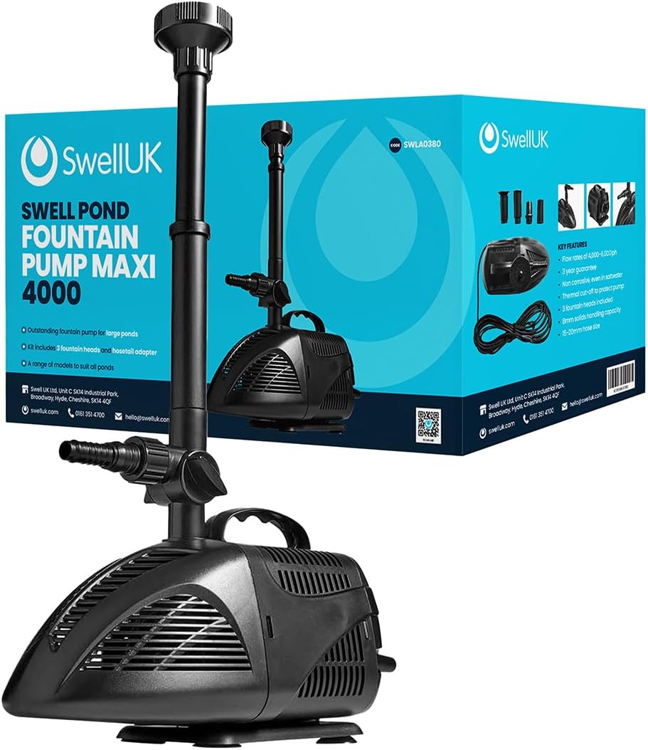 Swell Ponds Fountain Pump Maxi 4000 for Large Outdoor Garden Pools. Powerful with Multiple Spray Nozzles Heads. Fully Submersible with Thermal Cut-Off and a 3 Year Guarantee