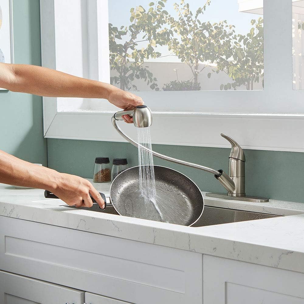 KINGO HOME Modern Single Handle Stainless Steel Brushed Nickel Pull Out Sprayer Bar Kitchen Faucet,Small Kitchen Sink Faucet with Escutcheons Single Hole Kitchen Faucet