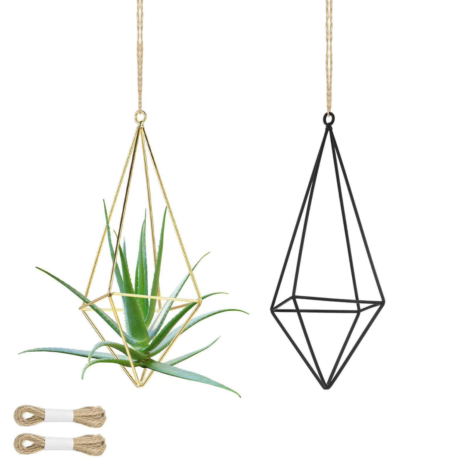 M METERXITY 2-Pack Hanging Air Plant Holders, Square Metal Geometric Hanging Tillandsia Holder with Rope for Home Decor/Small Indoor Outdoor Plant [Black, Gold Tone, 7.5" H]