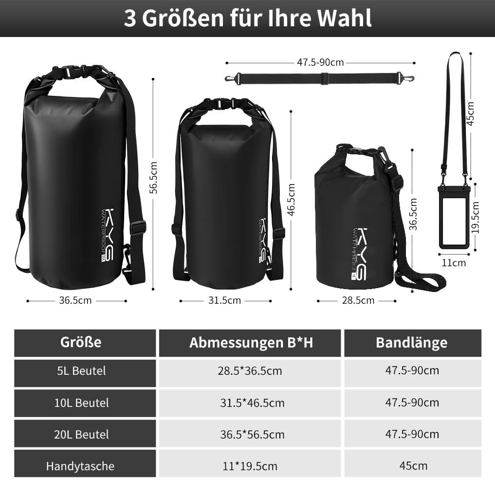 KYG Dry Bag Borsa Impermeabile, 5L/10L/20L, con Custodia Impermeabile per Cellulare, Borsa Asciutta per Spiaggia e Sport All'aperto, Escursionismo, SCI, Pesca, Arrampicata, Campeggio, Surf, Rafting