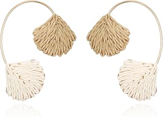 RUOFFETA Raffia Shell Earrings for Women, Colorful Dangle Tropical Boho Beach Earrings, Lightweight Straw Handmade Jewelry for Vacation
