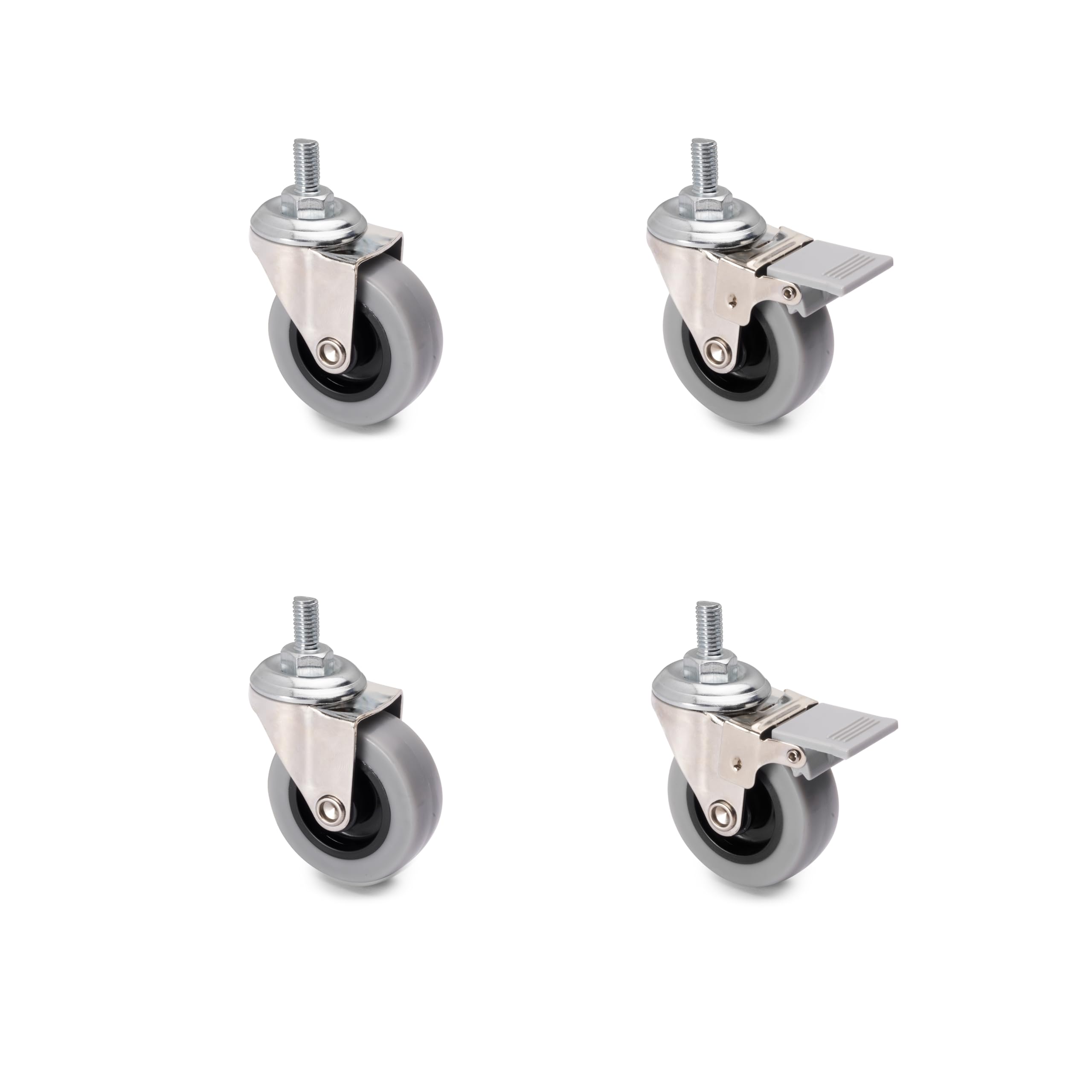Emuca 2037121 Pack of 4 grey swivel castors for furniture (2 with brake and 2 without brake) 50mm diameter with M8x15 bolt and ball bearings