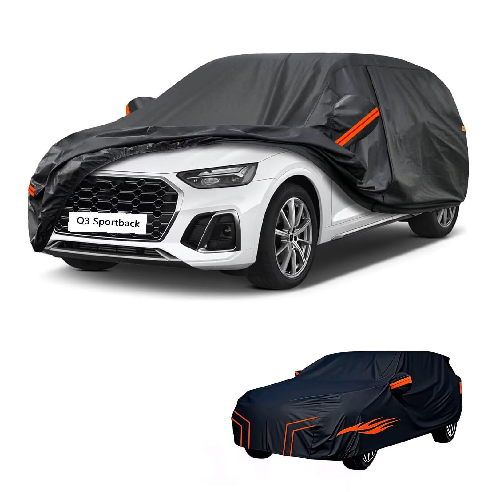 Bache Voiture Exterieur imperméable Compatible avec Audi Q3 Sportback 2019-2025,résistante à la Neige, à la Pluie et au Vent,Toutes Les Saisons bache Voiture (Black Orange)