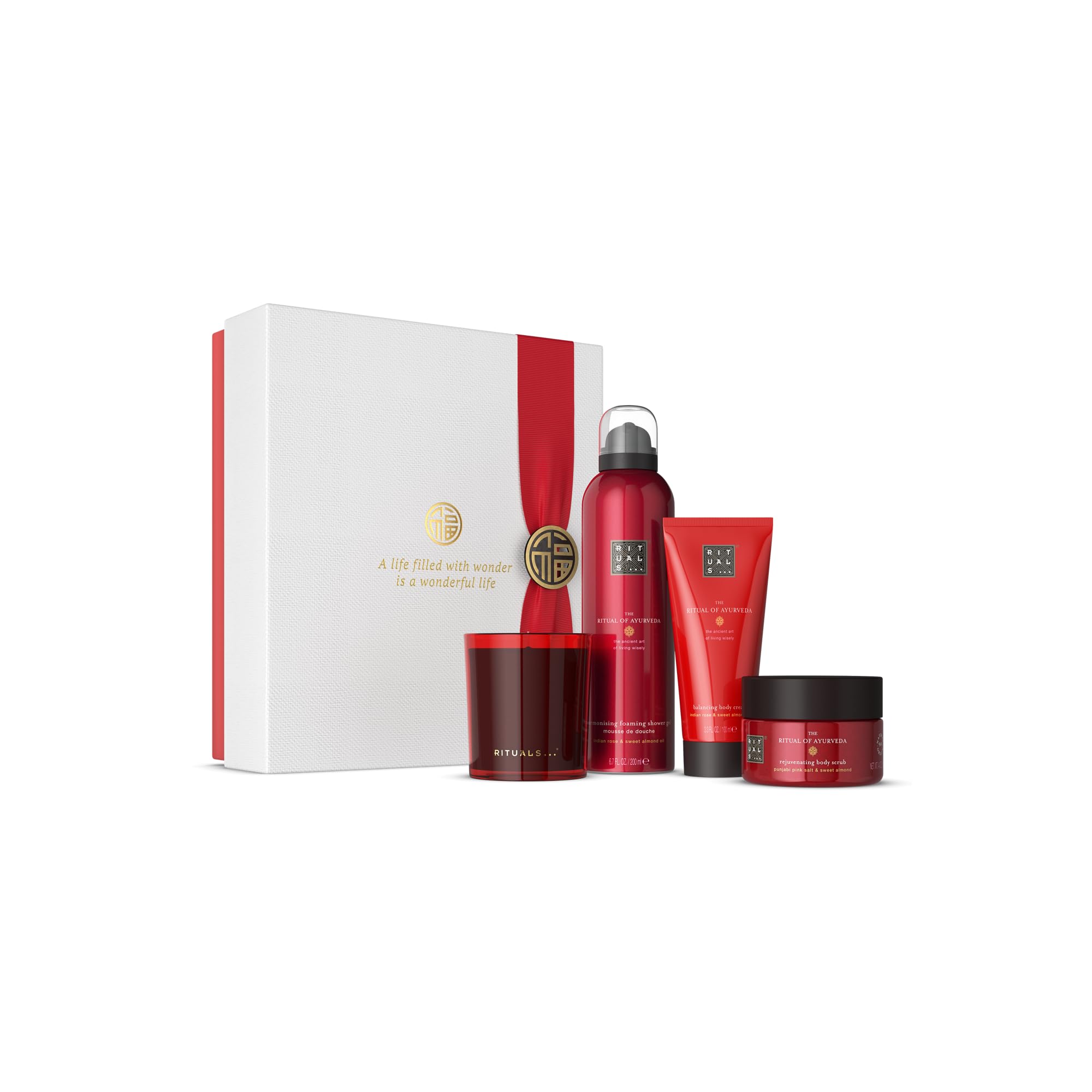 Gift Set The Ritual of Ayurveda Medium - Home and Skincare Products Enriched with Indian Rose and Sweet Almond Oil - Bath Gift Box with Balancing and Soothing Properties