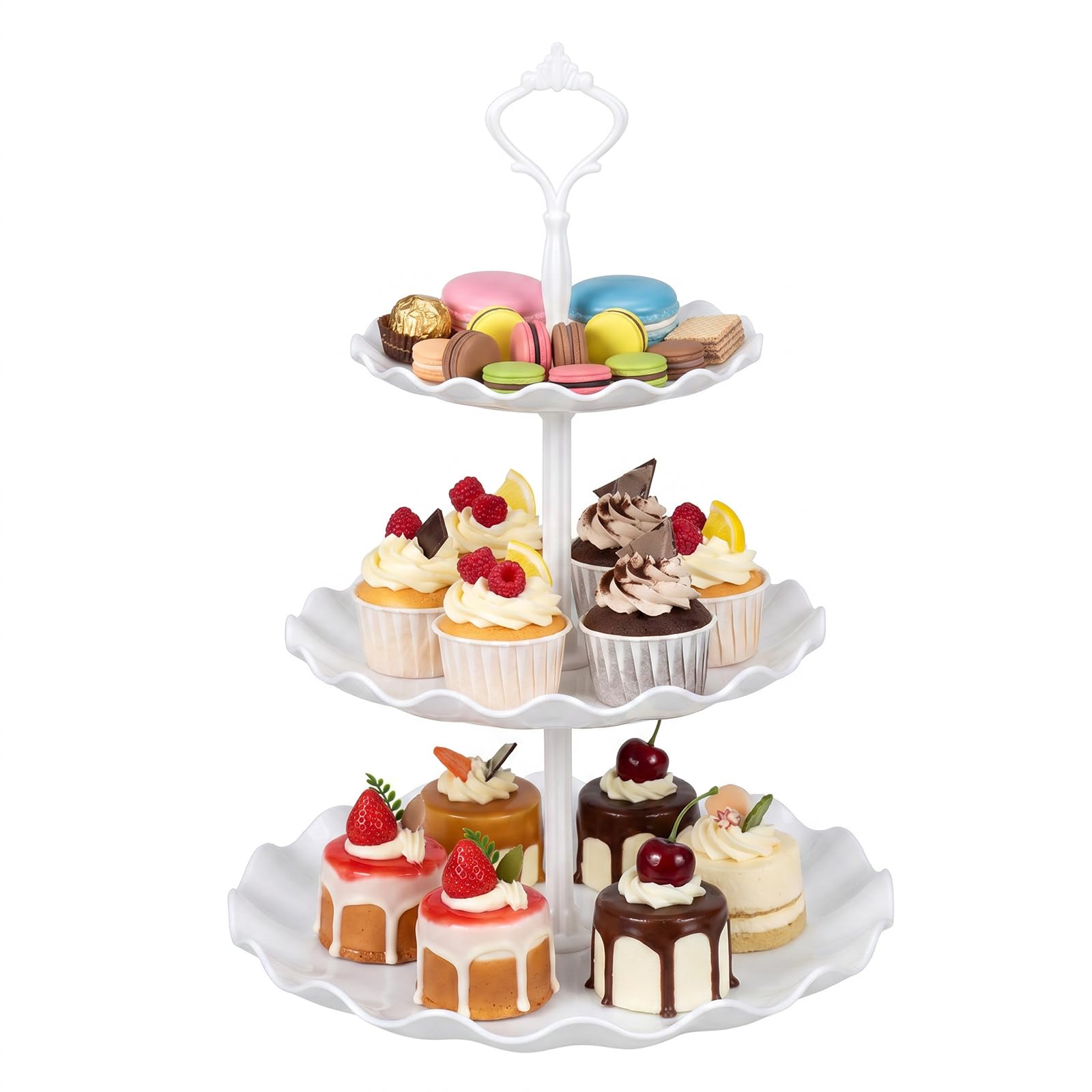 DYHNQE 3 Tier Cake Stand, White Cupcake Stand Plastic Afternoon Tea Stands Tiered Cake Stands for Party Weddings Birthdays