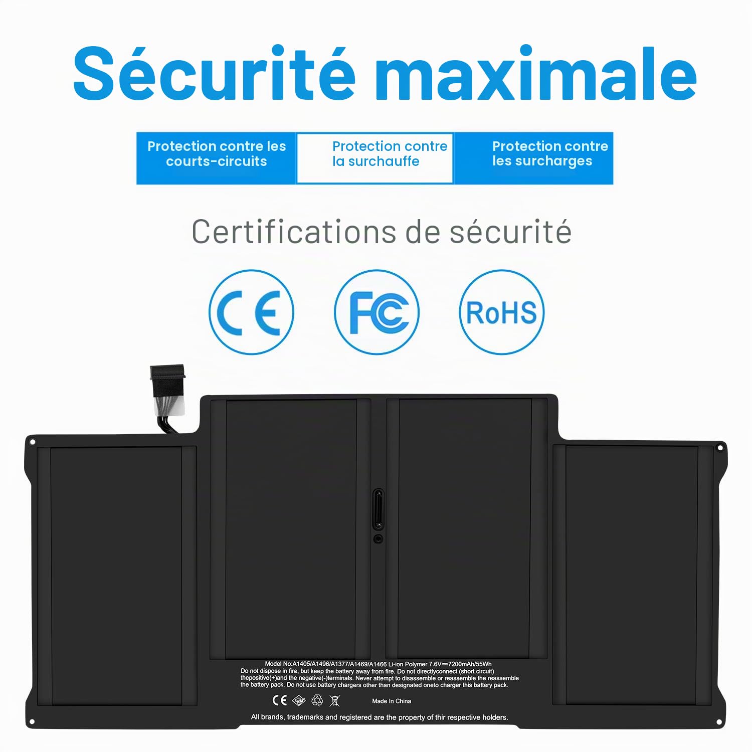 A1405 Batterie pour Ordinateur Portable Mac Book Air 13" A1377 A1496 A1466 (mi-2012 mi-2013 début 2014 début 2015,2017) A1369 (Fin 2010 mi-2011)
