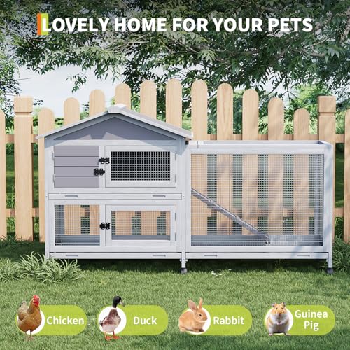 63" Large Rabbit Hutch Indoor, 2-Story Wooden Bunny Cage with Lockable Wheels & Pull-Out Trays, Weatherproof Roof Indoor Outdoor Small Animal House for Rabbits, Guinea Pigs, Ferrets, Chickens by ActiveTrail - Image 5