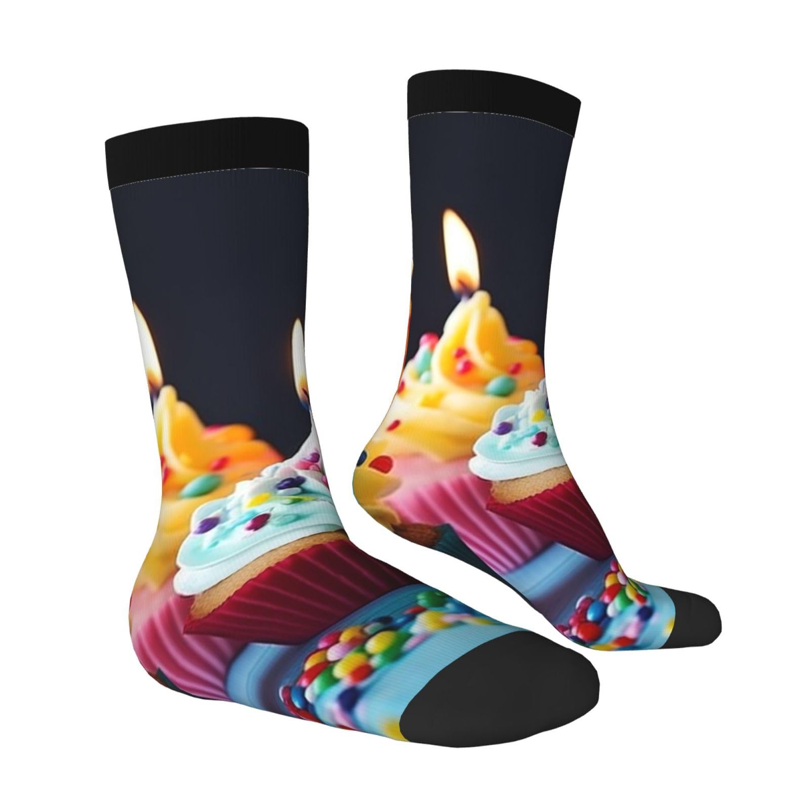 LZQPOEAS Colorful Happy Birthday Cupcakes Athletic Socks Unisex Cushioned Crew Socks Hiking Running Calf Sock Soft Above Ankle Sock