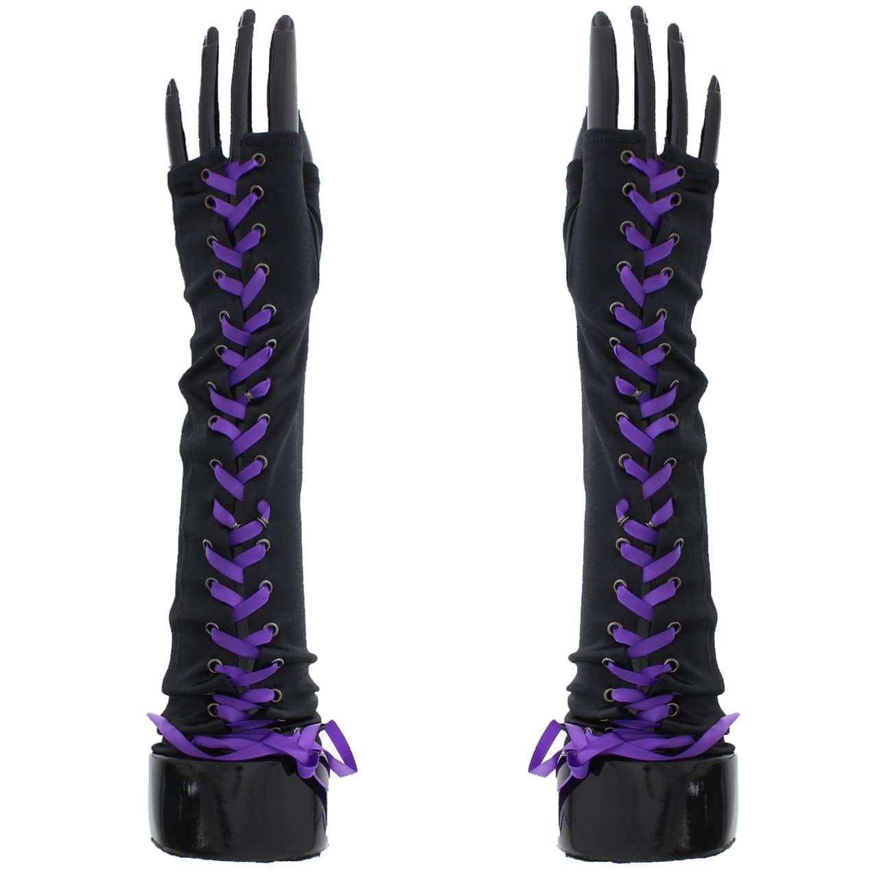 Zac's Alter Ego Black Long Satin Fingerless Lace Up Ribbon Gloves - Women Steampunk Elbow Length Satin Opera Gloves