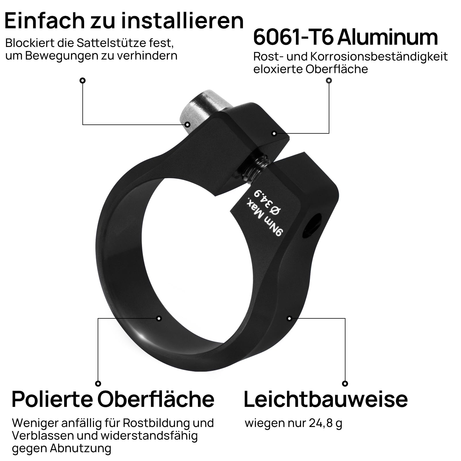 FIFTY-FIFTY Collier de Selle Vélo, Collier de Tige de Selle Alliage d'Aluminium 28.6/29.8/31.8/34.9/36.4/38.6mm pour VTT Vélo Route (34.9mm, Noir)