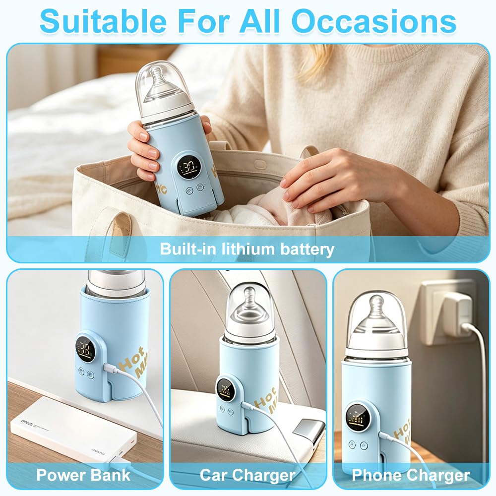 Chauffe Biberon Portable, Chauffe Biberon Nomade avec Écran LCD 6 Niveaux De Réglage Réchauffeur de Biberon 8000mAh Chauffe-biberons USB Sans Fil pour Maison, Extérieur, Voyage (Bleu)