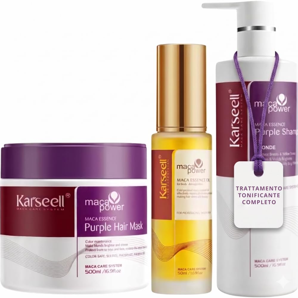 Karseell MACA CARE SYSTEM Set Professionale Antigiallo Maschera Viola 500ml Shampoo Viola 500ml Siero Olio di Argan 50ml per Capelli Biondi Platino e Grigi Idratante Riparatore Antifrizz