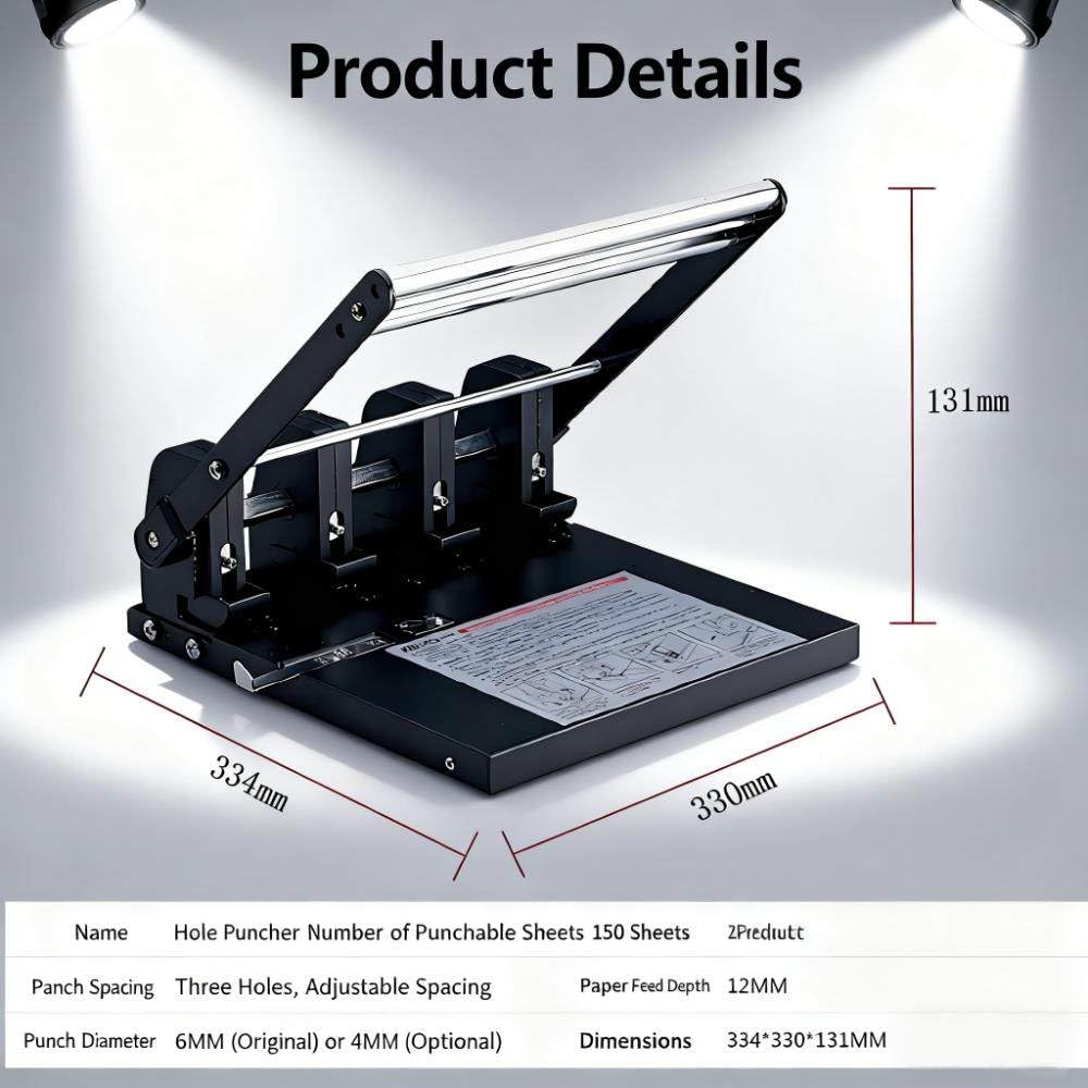 Perforatrice manuale a 4 fori, capacità 140 fogli, per ufficio, casa e scuola, per impieghi gravosi, con distanza regolabile. Threeholes