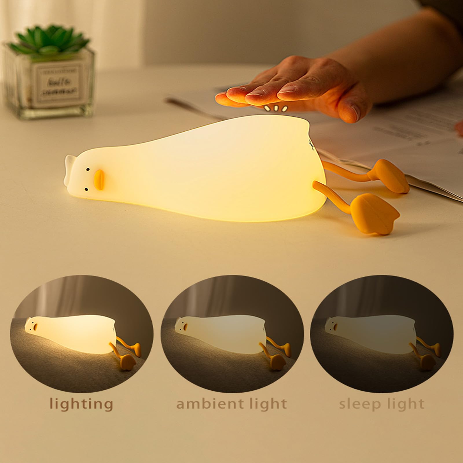Duck Night Light?LED Squishy Lying Flat Duck Lamp, Dimmable Silicone Light Up Duck Nursery Nightlight, Rechargeable Cute Bedside Ducky Night Touch Lamp for Dector