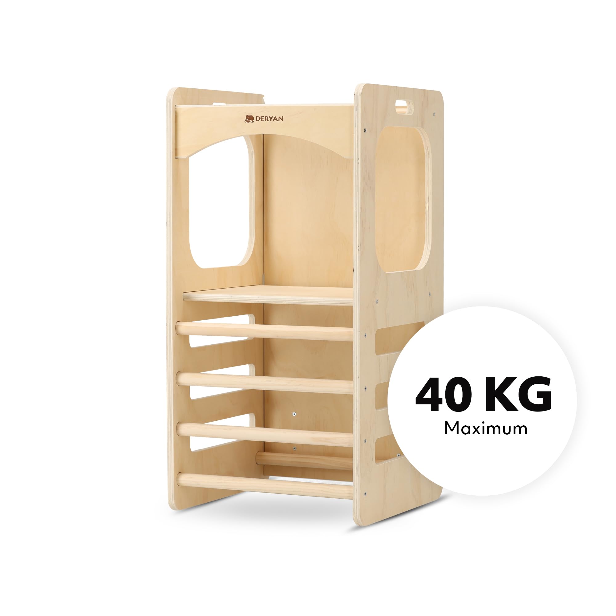 Deryan 4-in-1 Montessori Klettergerüst Kletterturm Indoor für Kinder von 3-8 Jahre (40 kg max.), Indoor Holz Indoor Spielplatz mit Rutsche, Kletterstangen, Leiter, Naturholz