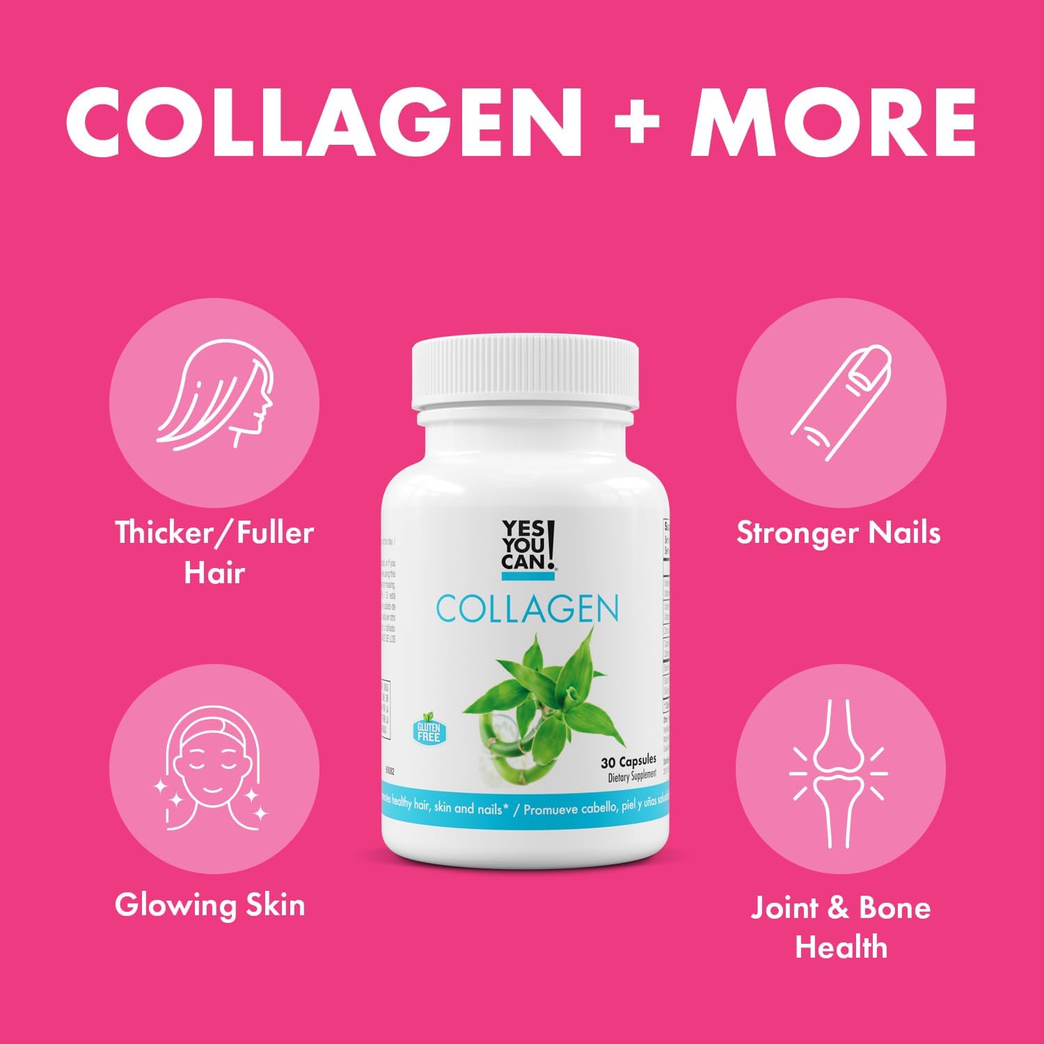 Yes You Can! Collagen Capsules for Women and Men, Dietary Supplement to Promote Healthy Hair, Skin and Nails, 290 mg Bovine Collagen, Vitamin A, Vitamin D3, Zinc and Copper, 30 Capsules - 4 Pack