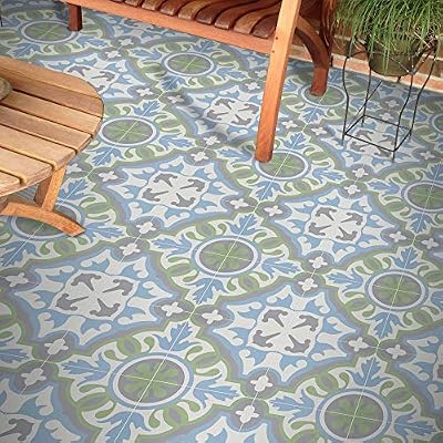 Moroccan Mosaic & Tile House CTP05-08 BAHA Handmade Cement Tile, 8”x8”, Blue, Green, Grey