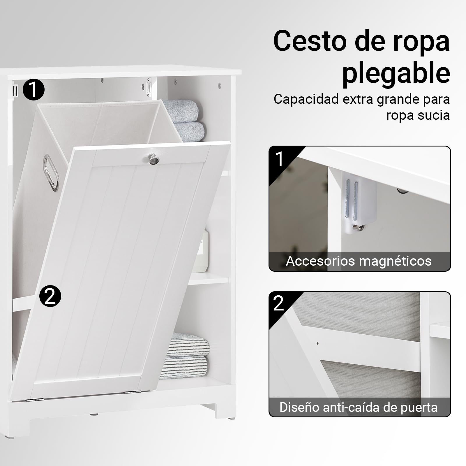 SoBuy Mueble Baño con Cesta de Lavandería – Mueble Ropa Sucia con 3 Estantes – Armario Baño Ahorra Espacio de Madera para Espacios Pequeños, Blanco, 60x86x37cm, BZR105-W