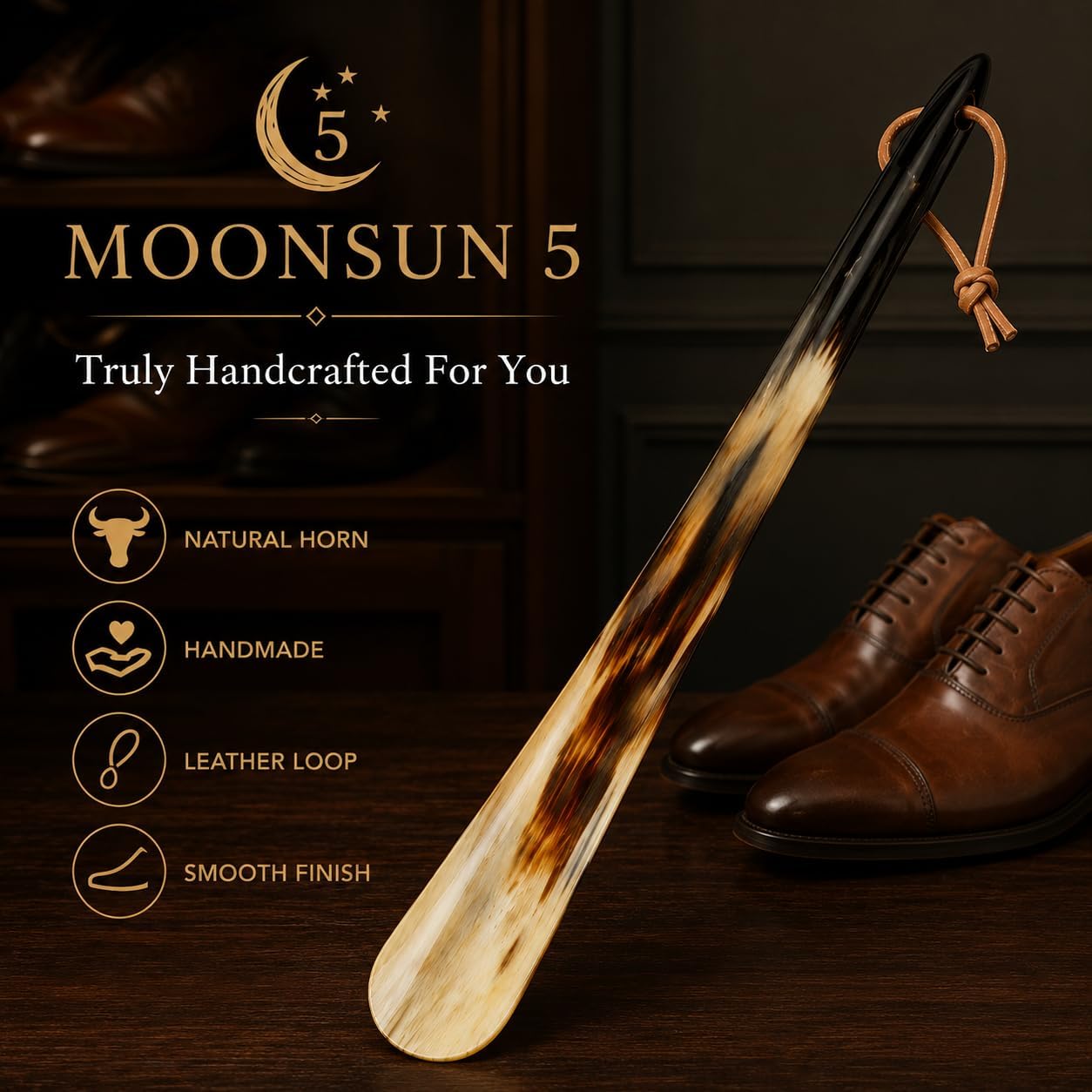 5MOONSUN5 Shoe Horn Made with Real Horn Handmade. Home or Travel Use. Shoehorn for Men or Women Shoes & Boots. Best Gift Idea. (SHOE-15'')