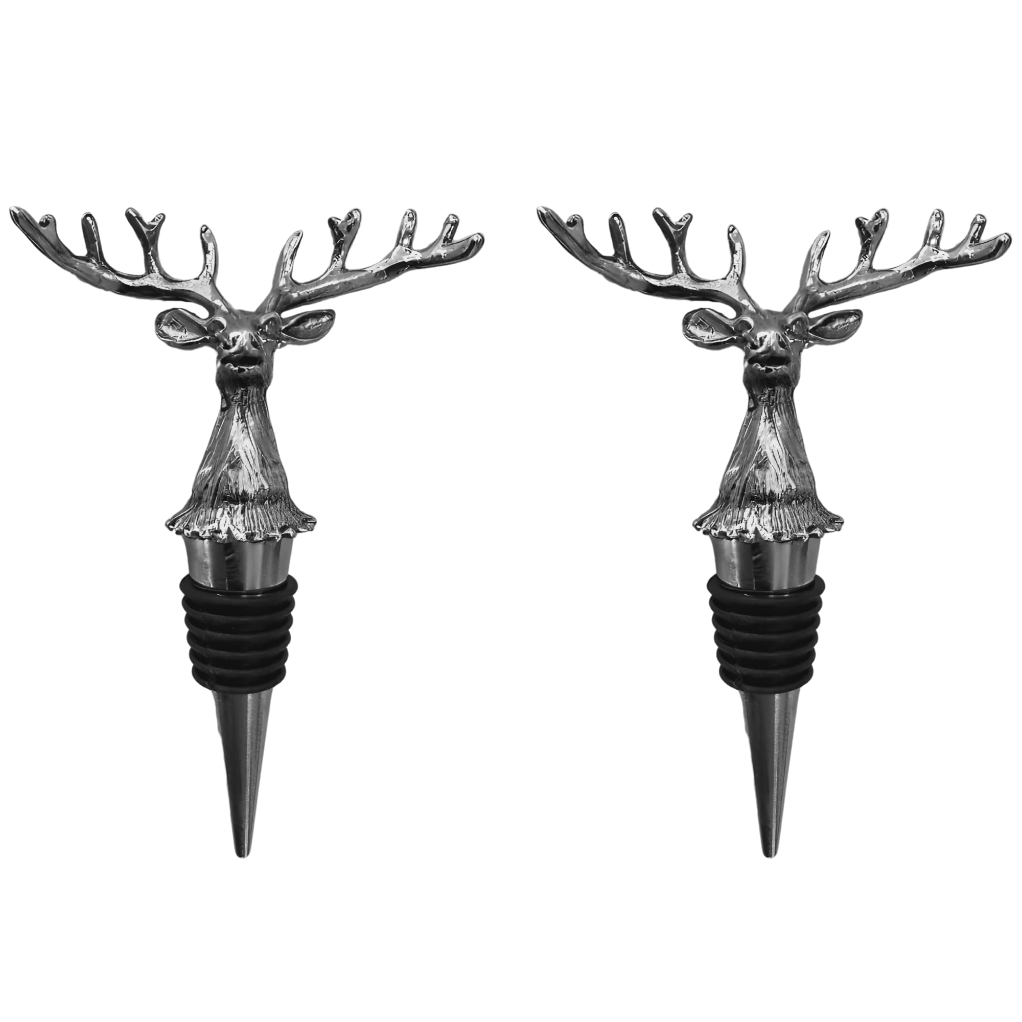 Wine Bottle Stopper, Decorative, 2-Pack, Vacuum Seal, Soft Reusable Silicone Cork for Leak Proof, Deer, Reindeer (Silver)