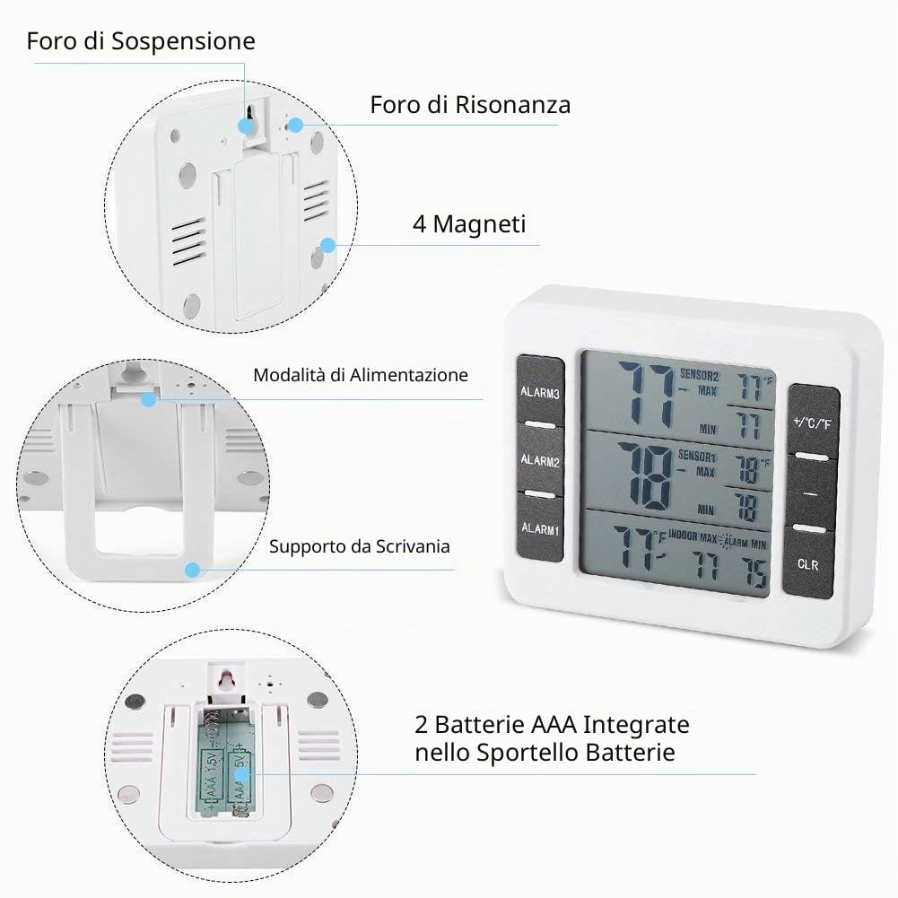 Termometro per Frigorifero Digitale, Termometro Senza Fili Interno/Esterno del Congelatore con 2 Sensori Wireless e Allarme Audio, Termometri da Frigo Registrare Min/Max, per Casa, Ristoranti