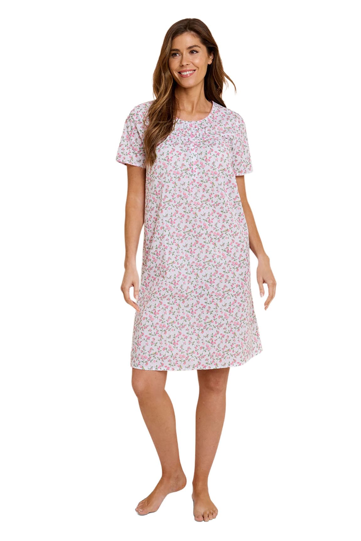 Amber Ladies Short Sleeve Printed Nightdress Ditsy Floral Woven Fabric Button Front Placket Polycotton Sleepwear Sizes 10-24 Length 40in Pink 10-12