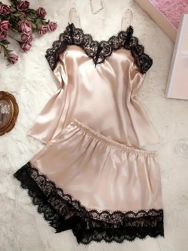 Image of Women's Satin Pajama Set with Lace Trim Camisole Top and Shorts Sleepwear Set Pack of2-1top 1nikkar