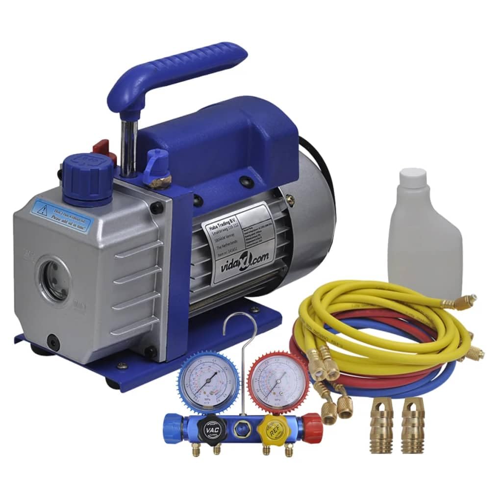 Vakuumpumpe Einstufig Mit 4-Wege-Verteiler-Manometer Set | Aluminiumgehäuse, Ölschauglas, Integrierter Griff, Stoßschutz, Stahlhaken, Für Kühlanlagen Reparatur