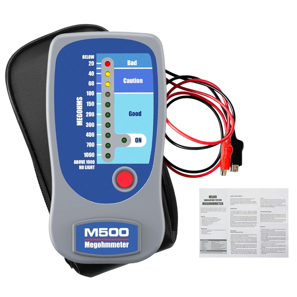 M500 Megohmmeter Insulation Tester, 500V Digital Megger Meter Measures Up to 1000 MΩ, Portable HVAC Motor & Compressor Insulation Resistance Tester with Test Leads and Carrying Case